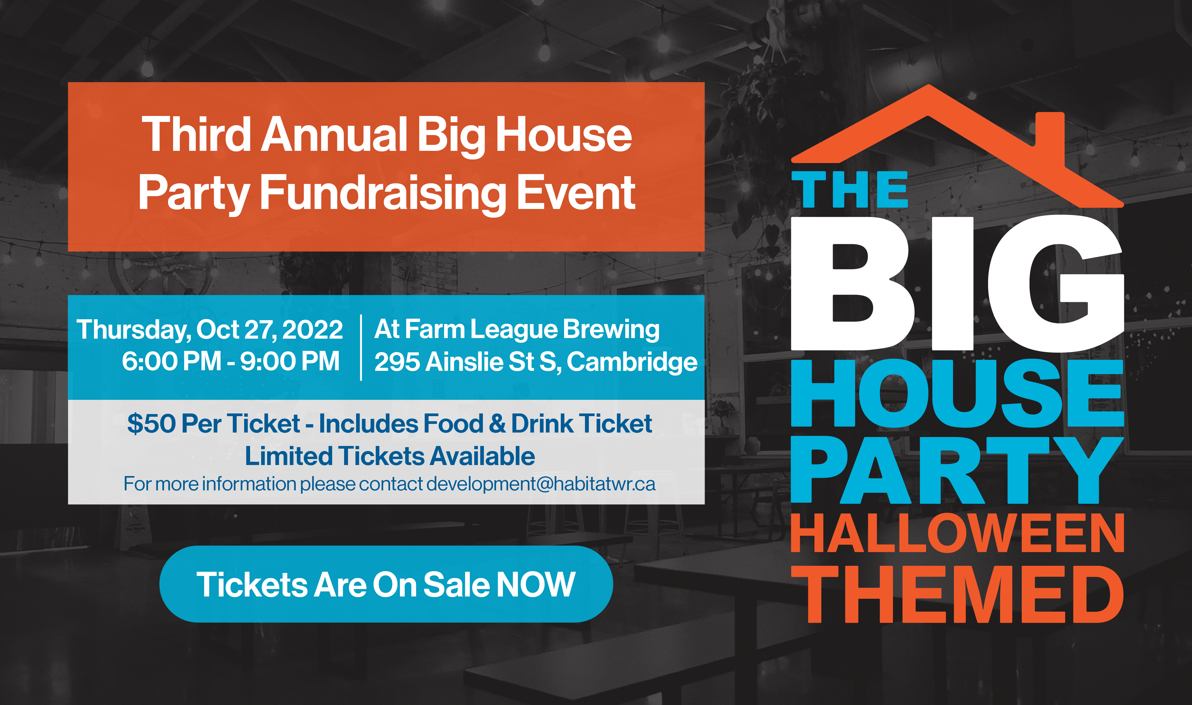 Big House Party Halloween Themed: Third Annual Big House Party Fundraising Event. October 27, 2022 6-9 PM. At Farm League Brewing. $50 Per Ticket