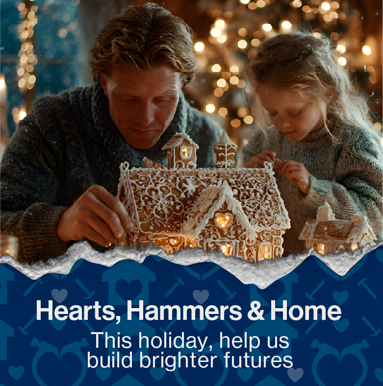 This Holiday help us build brighter futures, image features a father and daughter making a gingerbread house